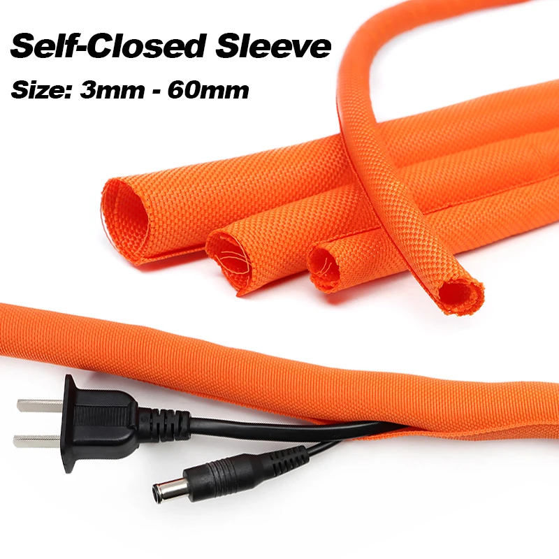1m - 10m Orange Self-Closed PET Expandable Braided Sleeve Line Organizer Insulated Wrap Self Closing Sleeving Cable Protection