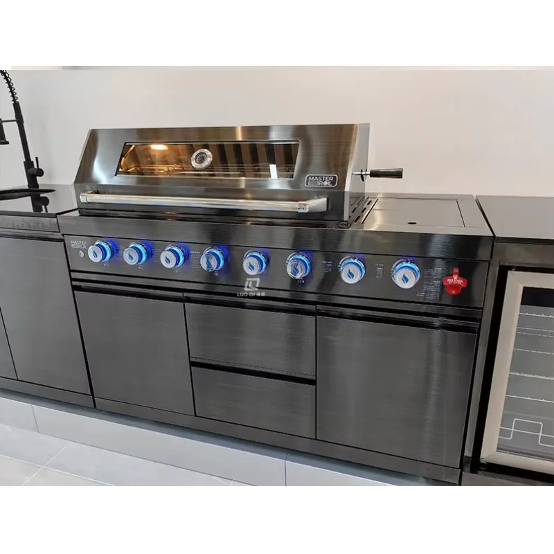 304 Black Stainless Steel Heavy Duty Luxury Outdoor Kitchen Full Set BBQ Grill 8 Burners with Sink and Fridge with Marble Top