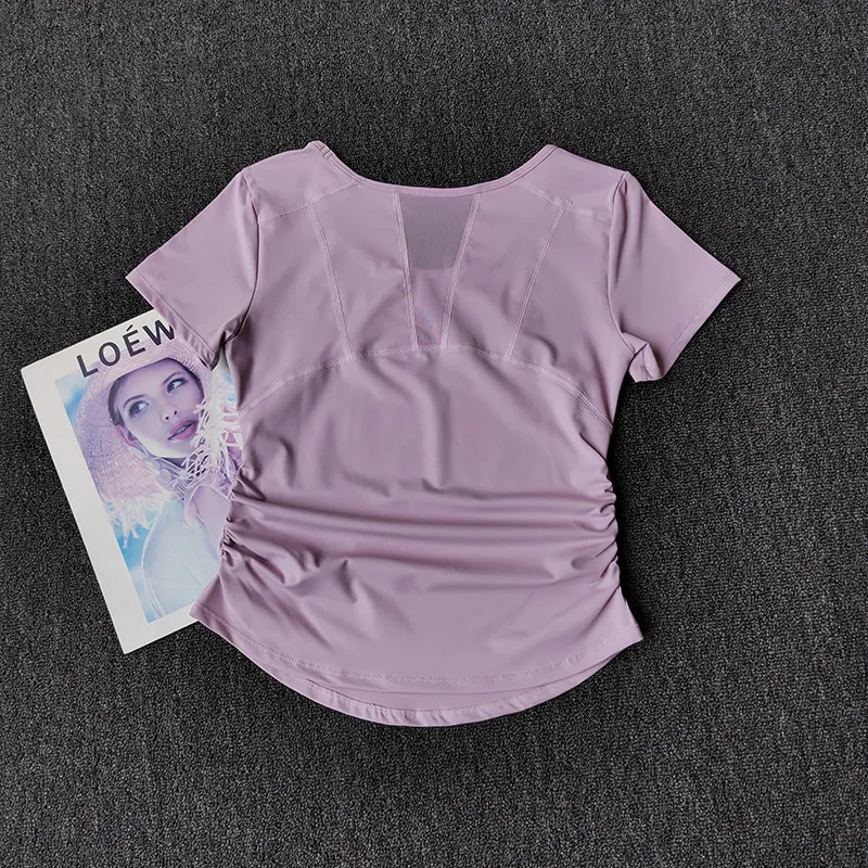 Summer Breathable Sports Short-Sleeved Pleated Waist-Cinching Fitness Training Top Mesh Splicing Yoga Wear T-Shirt for Women