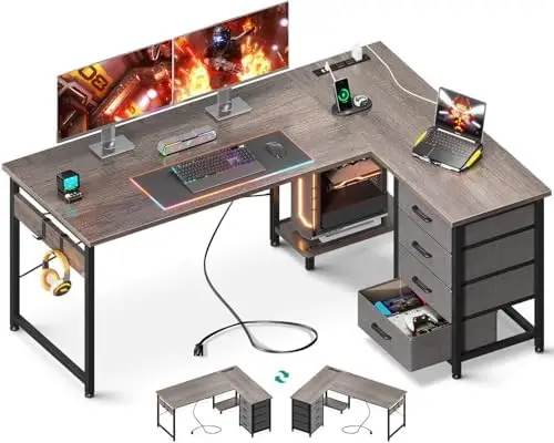 L-vormig bureau met 4-laags lades, 53 inch omkeerbaar gamingbureau met stopcontacten, L-vormig computerbureau met USB-oplaadpoort