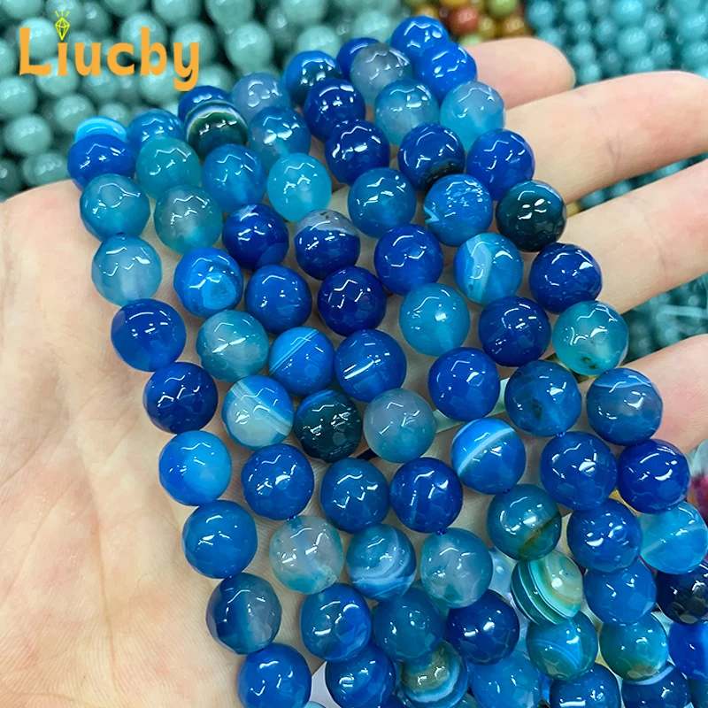 Edelstein facettierte blau gestreifte Achate Natursteinperlen für Schmuckherstellung DIY exquisite Kopfbedeckung Geschenk 15" Zoll 4/6/8/10/12mm – Detail 7