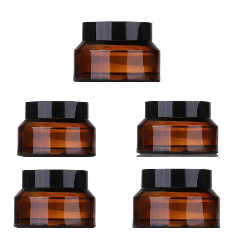 5Pack 15g 30g 50g Okrągłe słoiki kosmetyczne ze szkła bursztynowego z wewnętrznymi wkładkami i czarnymi pokrywkami Słoik podróżny Pojemniki wielokrotnego napełniania Krem do makijażu