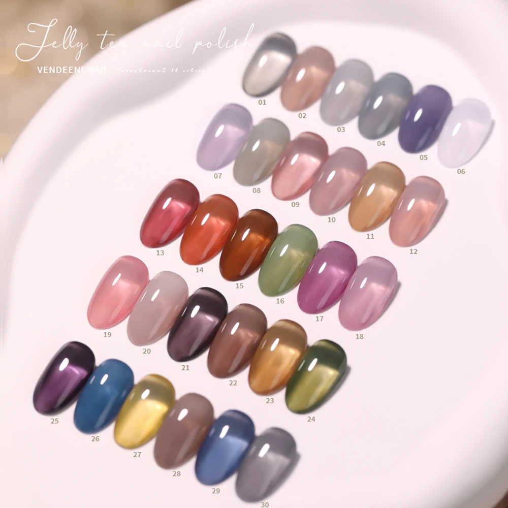 Vendeeni 30 Colors/Set Transparent Jelly Gel Nail Polish UV Soak Off Gel Varnish Ice Through Jade Fat Gel Lacquer With Display