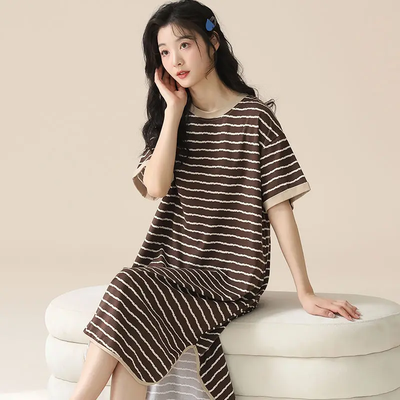 Summer New Women's Dress Loose Casual Stripe Pullover Home Furnishing Sleeping Dress