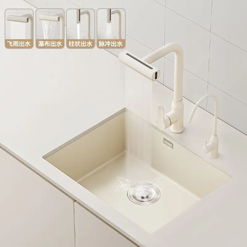 

Cream beige kitchen sink household under-counter basin large single slot 304 stainless steel vegetable basin balcony wash basin