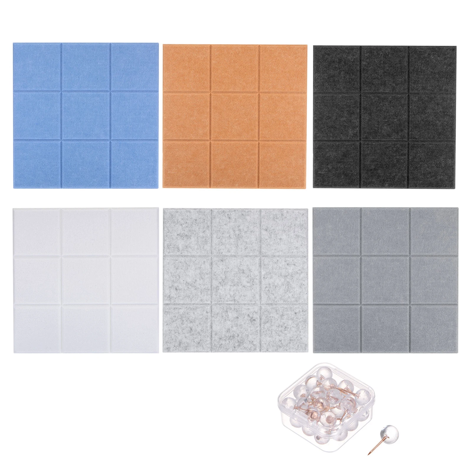 6Pcs Felt Bulletin Board 30x30cm Self Adhesive Textured Square Felt Board Tiles for Sound Proofing Wall Panels with 30 Push Pins