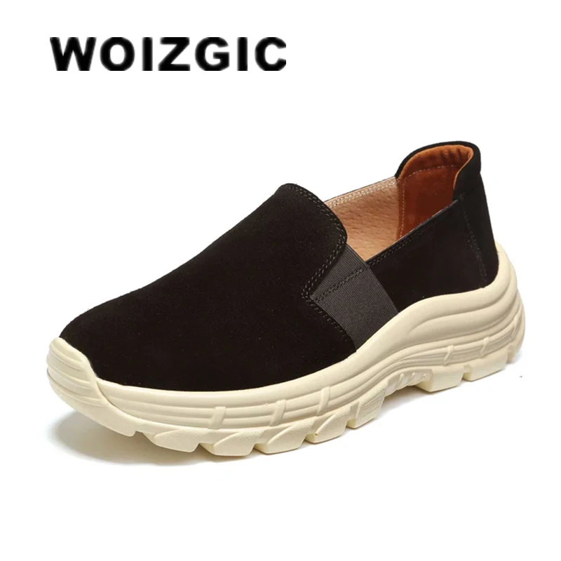 WOIZGIC Women Flats Ladies Mother Female Cow Suede Genuine Leather Shoes Loafers Sports Non Slip Breathable Vulcanized Shoes