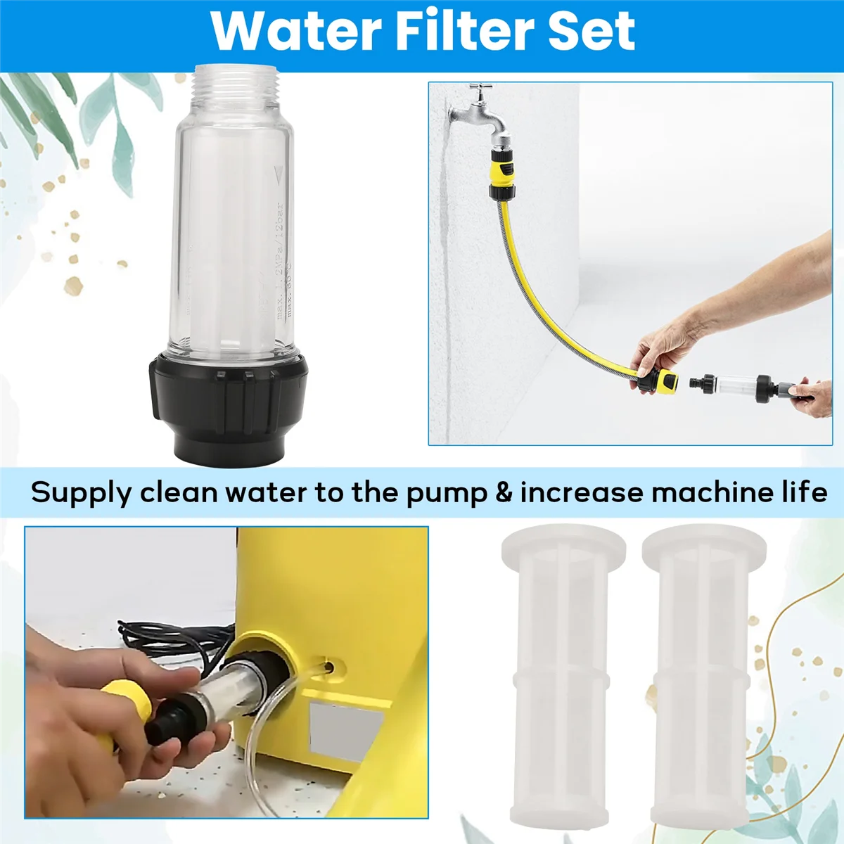 AB53 Water Filter Garden Hose, 3/4 Inch Water Pre-Filter Water Filter Set with 5 Filter Inserts + 2 Quick Adapters