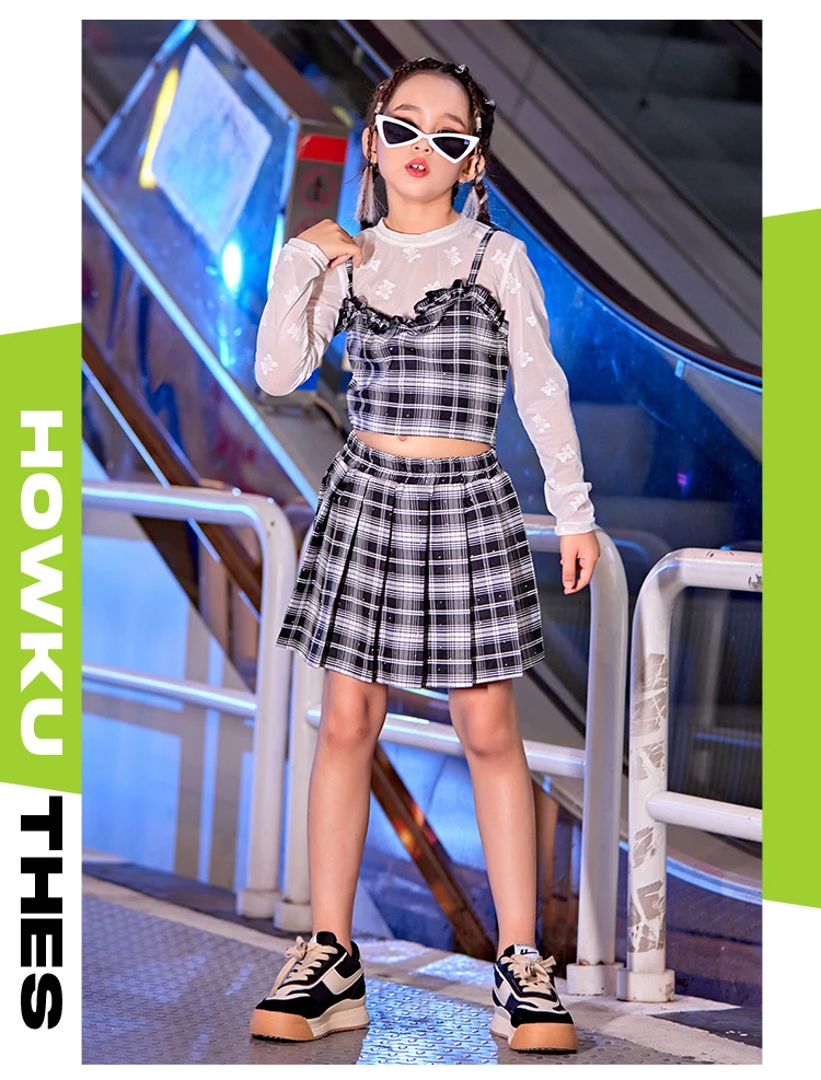 Traje de baile de Jazz Kpop a cuadros para niñas, ropa de Festival para niños, disfraz de escenario de baile de Hip Hop, Tops, Falda plisada, Ropa de baile yj429