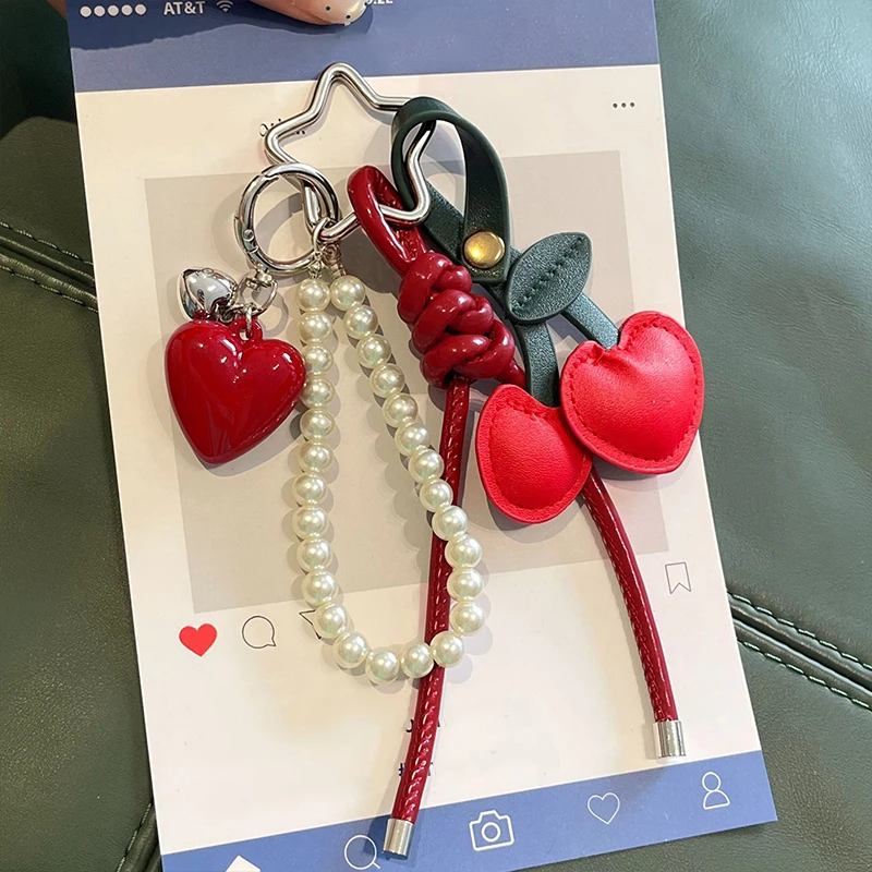 Y2K Leather Rope Red Cherry Keyring Pearl Beads Bag Key Chain Charm Pendant Women Trendy Keychain Decoration