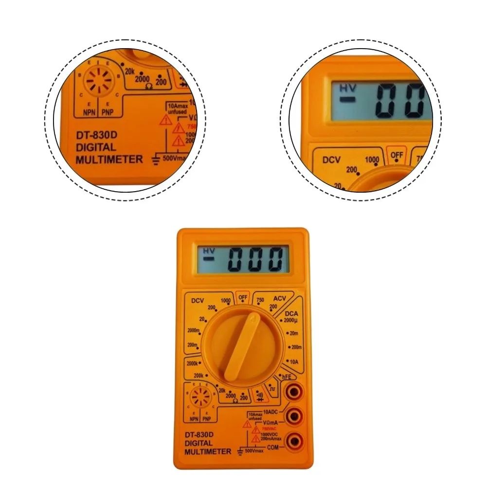 830D Yellow Digital Multimeter Compact Handheld for MINI with Buzzer LCD 1999 Count DC AC Voltage Resistance Diode Transistor