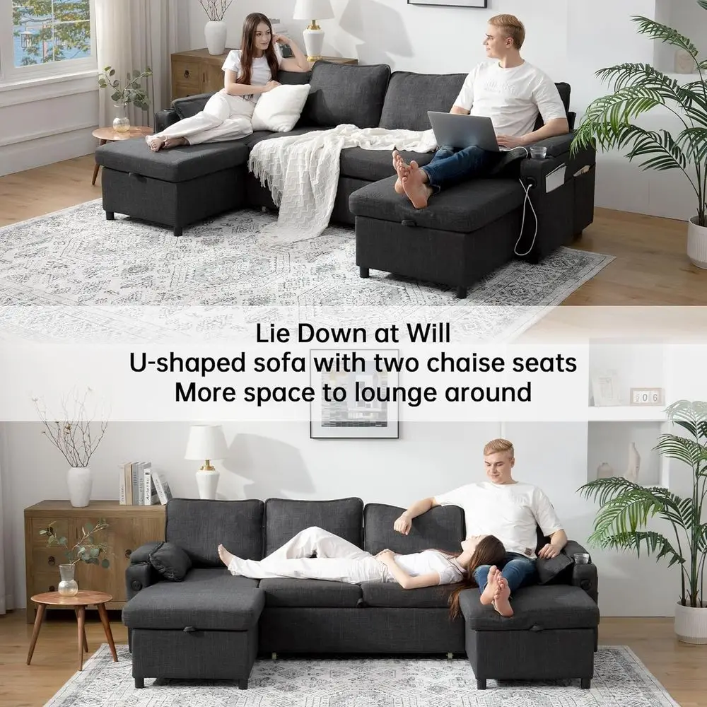 أريكة نوم مزدوجة التخزين، أريكة قابلة للسحب مع أغطية قابلة للإزالة، أثاث غرفة المعيشة المقطعية باللون الرمادي