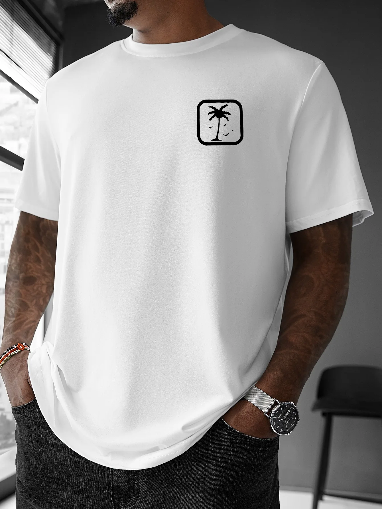 Simple Palm Tree Pocket Print Mens T Shirt Minimal Tropical Island Short Sleeve Crew Neck Cotton Tee Beach Casual Daily Top