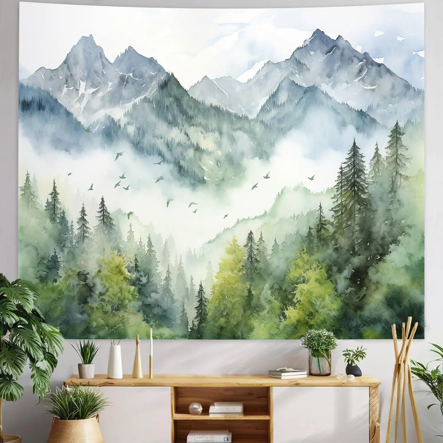 Forest Nature Tapestry for Bedroom, Green Misty Foggy Mountain Sage Trees Wall Tapestry, Landscape Aesthetic Room Decor Wall