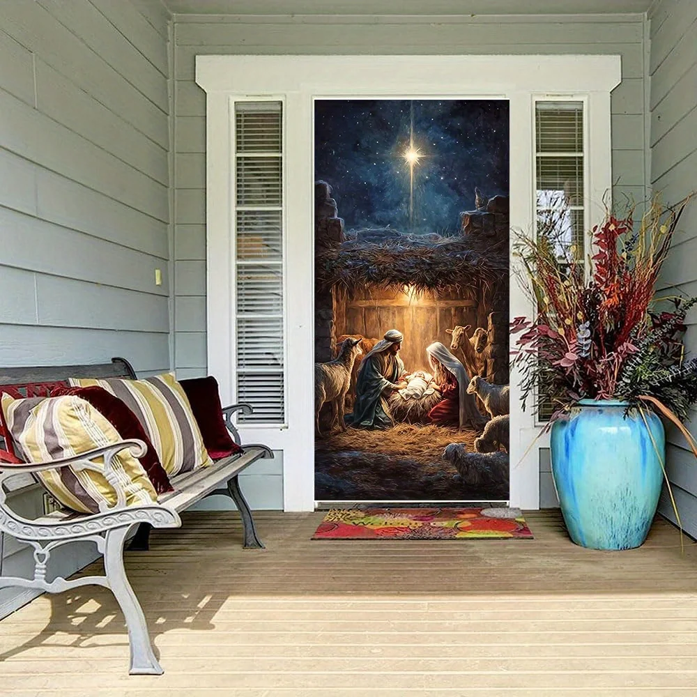 طائرة ثنائية الأبعاد، لافتة باب ثنائية الأبعاد، 1 لافتة باب بمشهد ثابت للميلاد - ماري، جوزيف ولادة يسوع - ألياف البوليستر #5