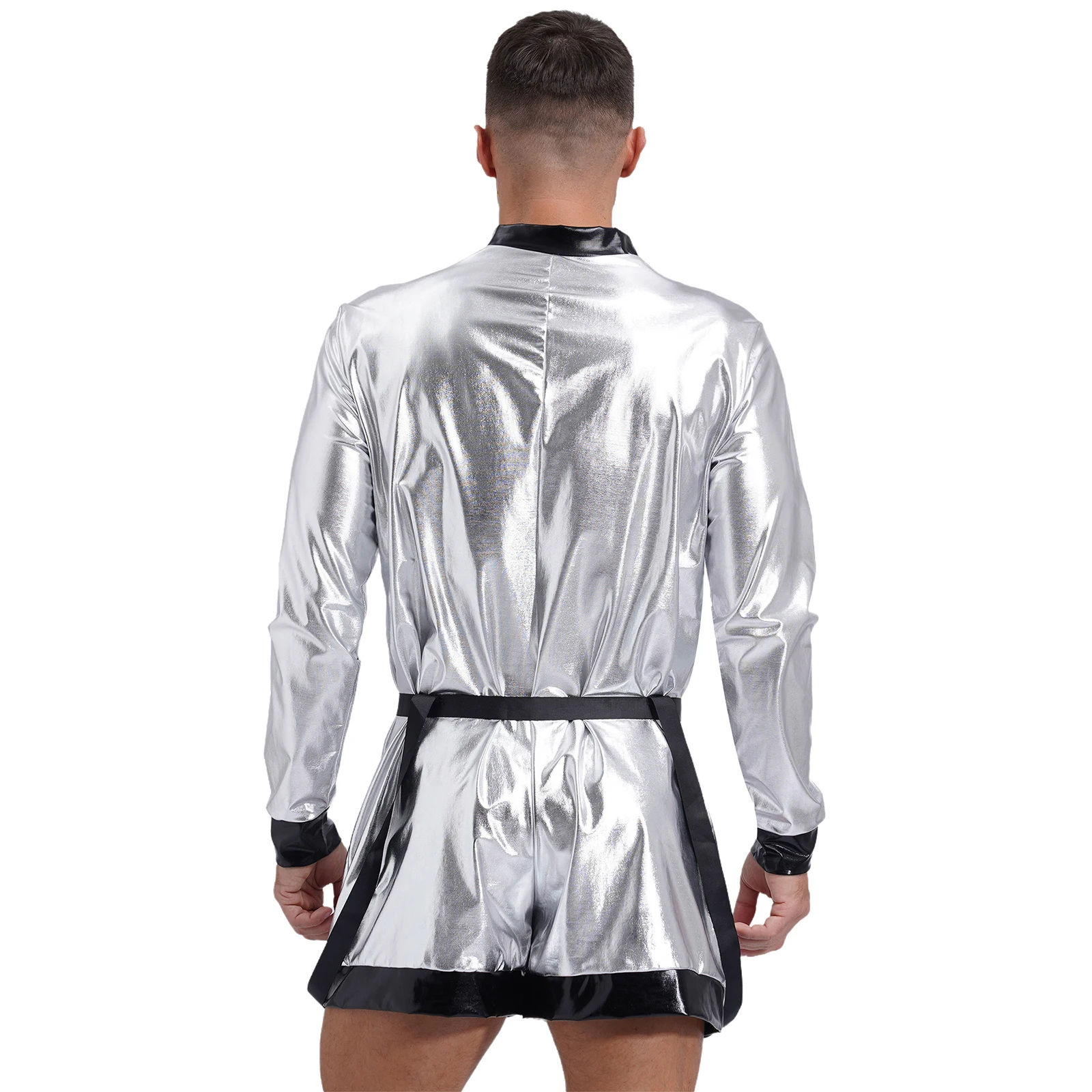 Men Halloween Space Astronaut Cosplay Costume Long Sleeve Metallic Shiny Bodysuit with Belt for Carnival Theme Party Clubwear