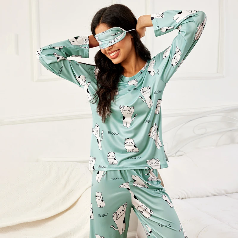 Set pigiama primaverile per donna pigiama morbido e confortevole Cute Cat Printed Sleepwear top a maniche lunghe con pantaloni Lady Pjs Set