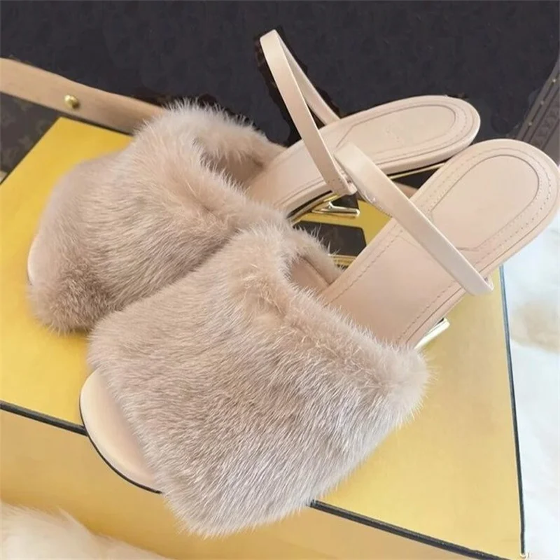 Fashion Women Fur Slippers Sexy Peep Toe Gladiator Sandals Dress Pumps Summer Women Wedge Shoes Strange Heel Mules High Heels