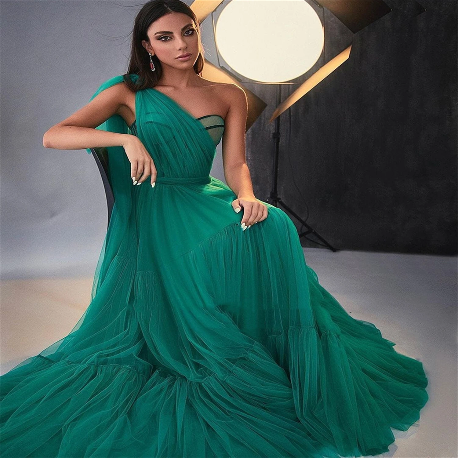 Aileen Layered Female Dress Party Evening Elegant Luxury Celebrity Green Ball Gowns Shawl Dresses for Women Gala Dresses Woman