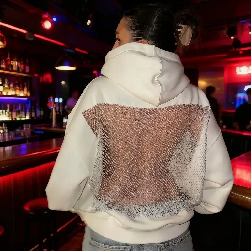 Womens Backless Lace Up Mesh Hoodie Long Sleeve See Through Pullover Fall Winter Casual Streetwear Top for Commute Gift
