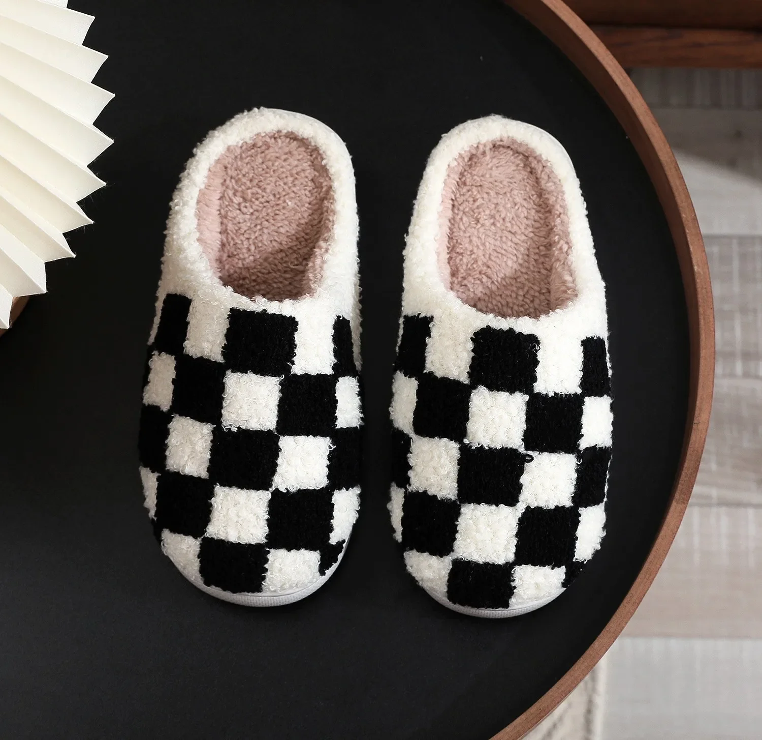 Cute Checkerboard Cotton Slippers for Men Women Couples Indoor Home Plush Warm Simple Autumn Winter House Shoes