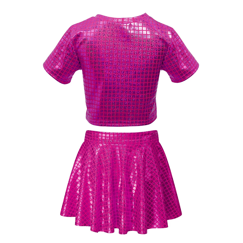 Kids Girl Hip Hop Jazz Outfits Set Short Sleeve Metallic Disco Crop Top with Pleated Mini Skirt Cheerleading Performance Costume
