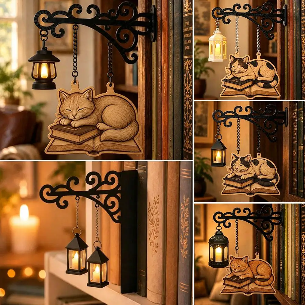 Vintage Iron Bookshelf Hanging Lantern Decor Light HollowCarved Metal Wall Mount Ornament With Cat Wooden Pendant