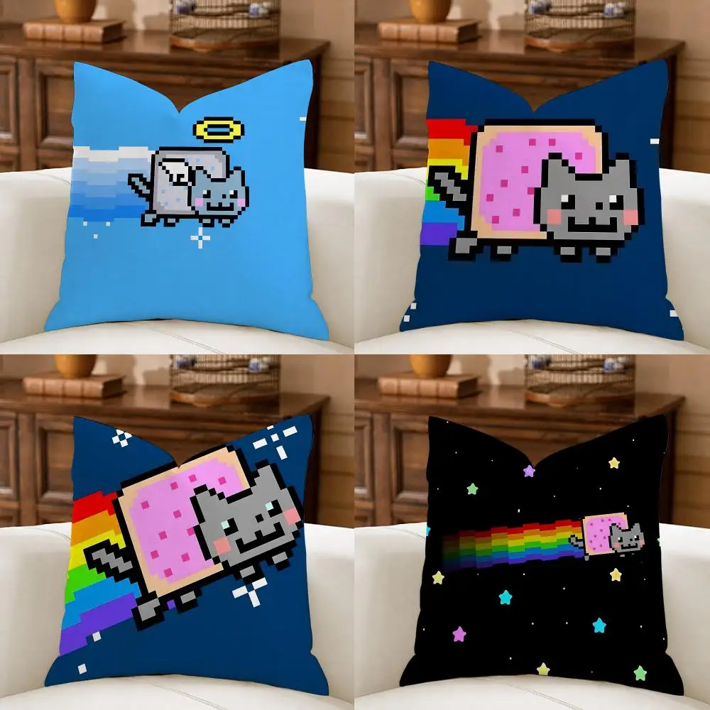 Cartoon Game N-nyan Cat Cushion Cover Organic Linen Square Pillow Case Durable Non-Allergenic And Kind To Skin