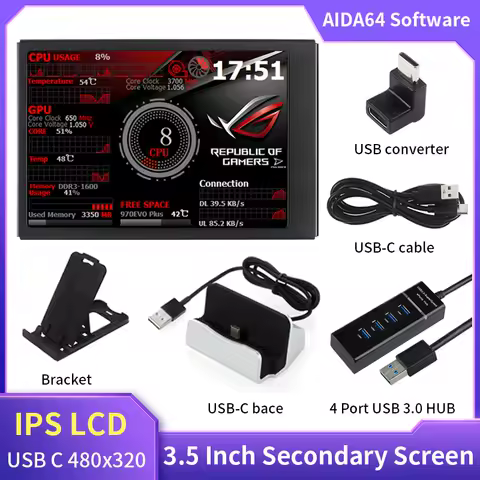 3.5 Inch IPS Display Type-C Secondary Screen 480x320 LCD for AIDA64 CPU RAM GPU Monitoring Sub-Screen for Computer Laptop