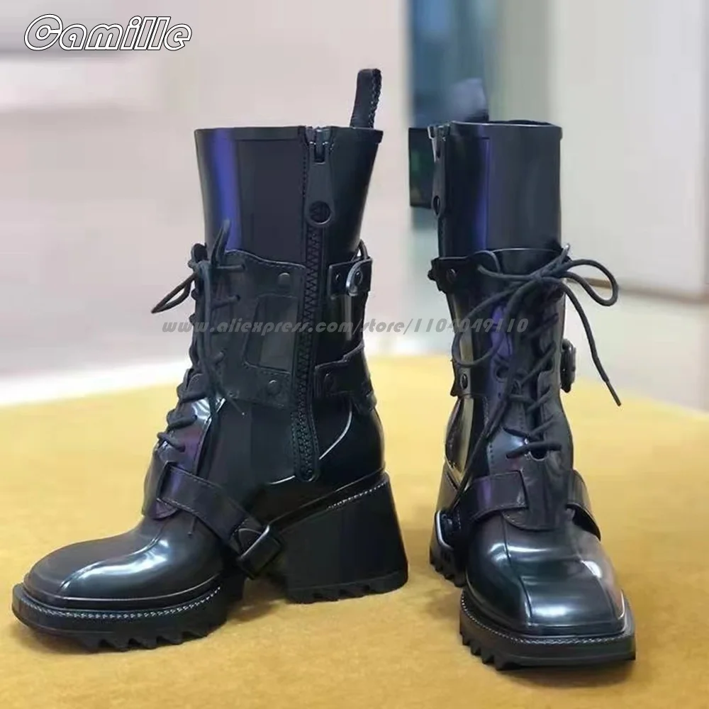 

Rock Punk Style Side Zipper Chunky Heel Motorcycle Boots Round Toe Platform Front Lace Up Casual Boots All-Match Non-Slip Boots