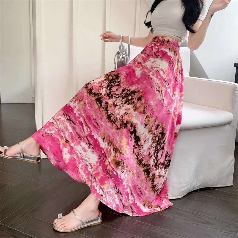 Red Design Oil Painting Floral Beach Skirt Women's Fashion 2025 Slimming High Waist A-Line Long Skirt W215