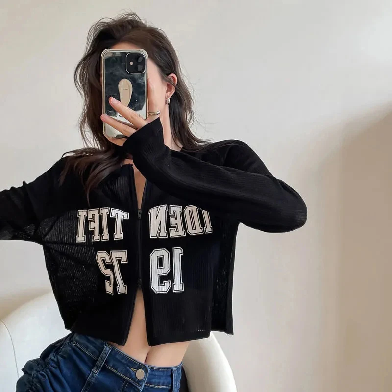 Double Zipper Long Sleeve Cardigan Women Letter See Through Sunproof Cropped Tops Fashion Casual Loose Hiphop Jazz Blouse