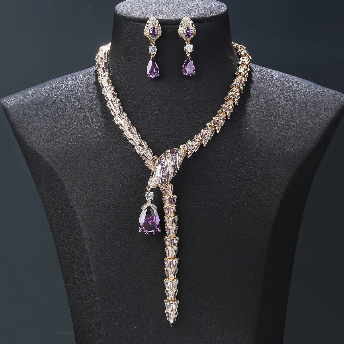 Fashion Luxury  Cubic Zirconia Animal Snake Necklace Earrings set Women Party Jewelry Costume Accessories CN11527T