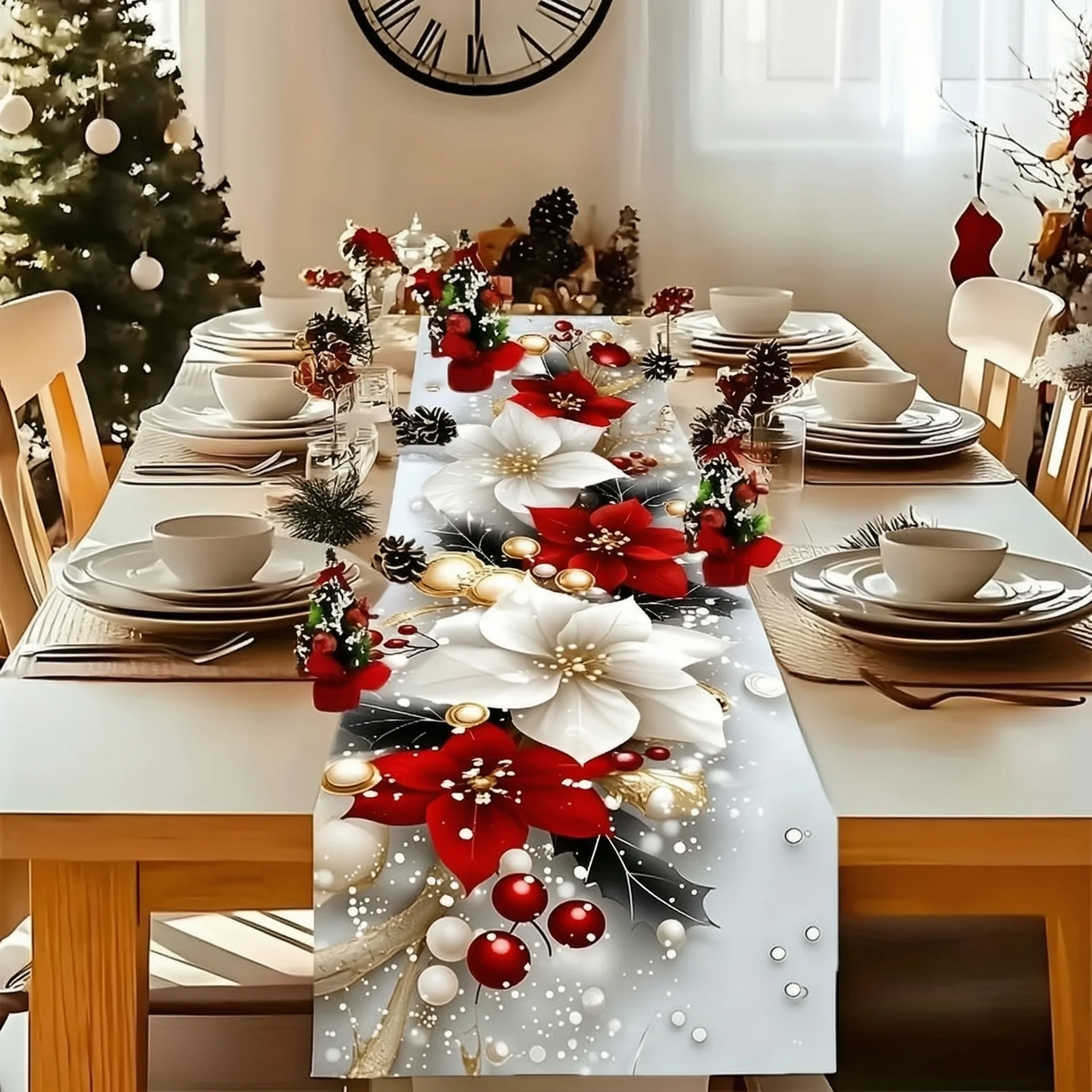 Red Green Christmas Table Runner, Easy-Clean Tablecloth, Xmas Decor for Kitchen Dining Table, Family Dinner & Holiday Party