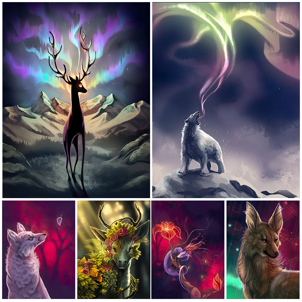 Polar Bear And Aurora Mysterious Wall Art Canvas Painting Snow Wolf, Dragon, Flower Snake Art Poster And Print Home Decoration