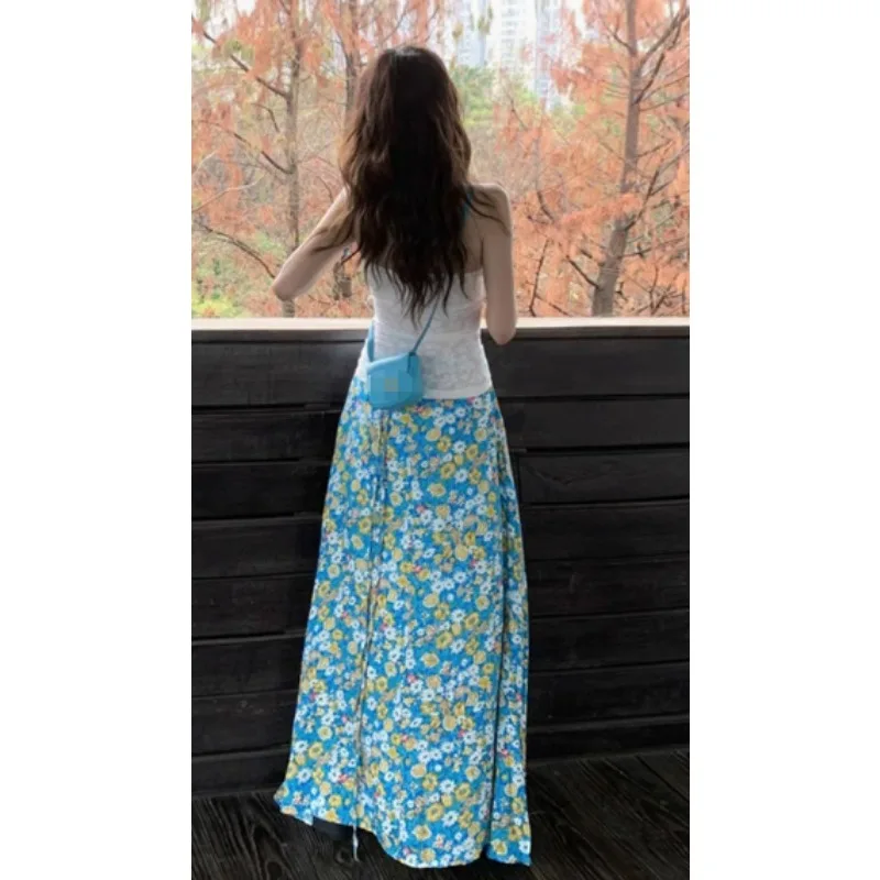 2026New Blue Floral Midi Skirt Women's Buttocks Long Skirt Stature High Waist Skirt Spring Summer Women Half Body Skirt Beach