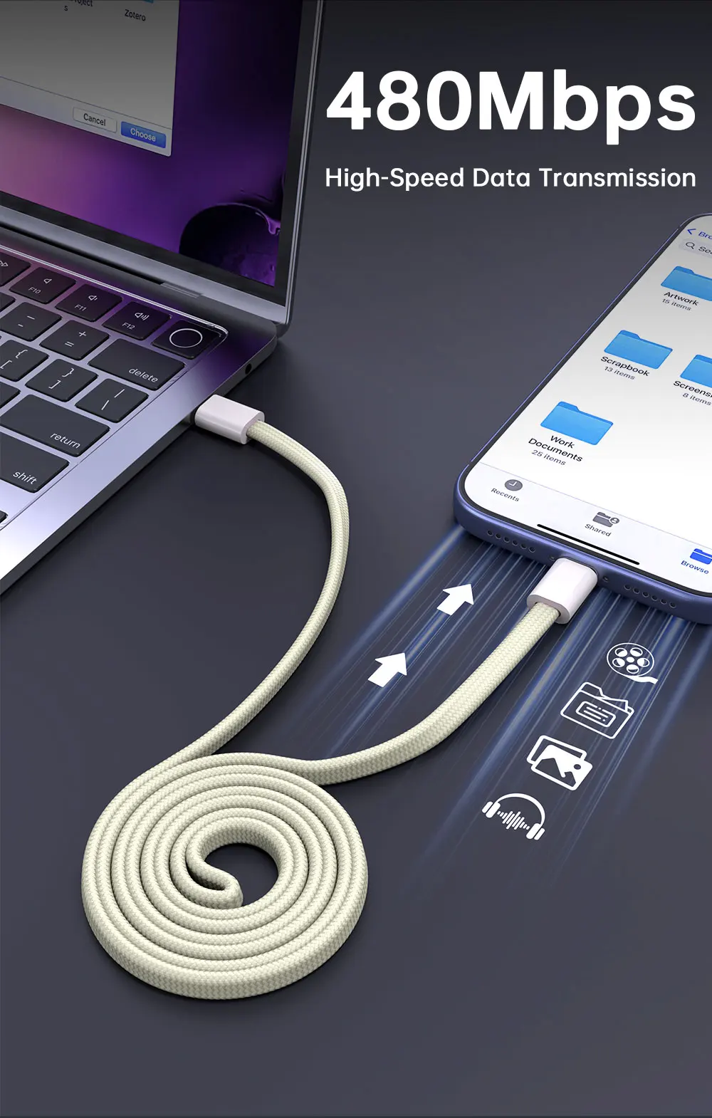 PD 100W USB-C zu Typ-C Schnellladekabel mit magnetischer Befestigung, verwicklungssicher, 480Mbps Datenübertragung, flaches Kabel für iPhone 15 16 17 Mac – Detail 4