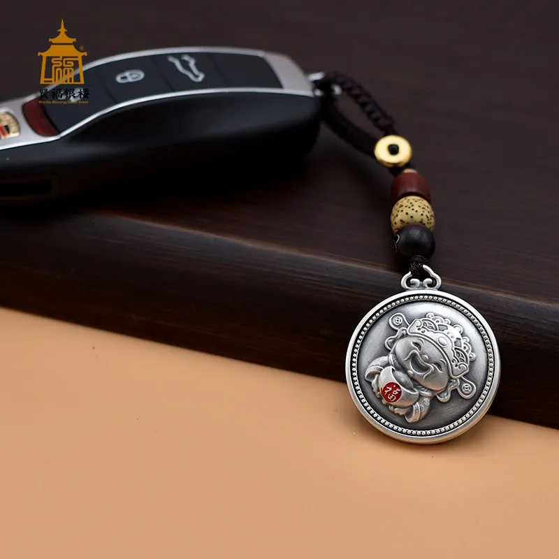 For Full Silver 999 Pendant Chinese Style Sterling Silver Car Keychain Creative Silver Pendant Handle Piece Couple Pendant