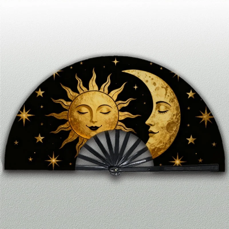 One Golden Sun-Moon Portable Fan, a Single Polyester Decorative Fan Featuring a Playful Celestial Design Suitable for Stage Performances, Parties, Cosplay, And Clubs - Striking And Enchanting, in a Euro-American Paddle Fan Style, Without Battery