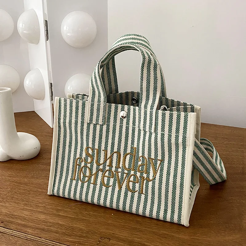 

New Ins Women Fashion Environmental Shopping Bag Korean Canvas Striped Large Capacity Mommy Tote Reusable Single Shoulder Bag