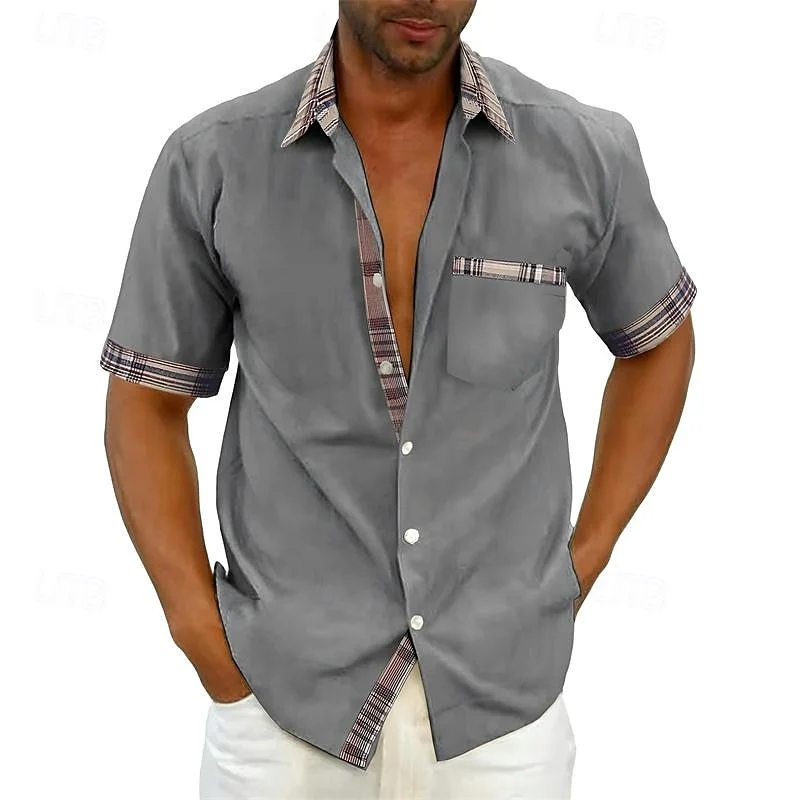 

Men's short-sleeved tops stitching fashion shirt Hawaiian men's tops 100% cotton and linen slim fit street outdoor daily