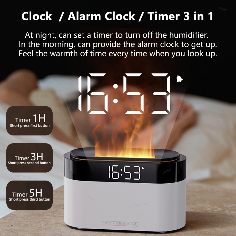 아로마 가습기 에센셜 오일 디퓨저 불꽃 모양 가습기 향기 디퓨저 알람 시계 리모컨 조명 포함