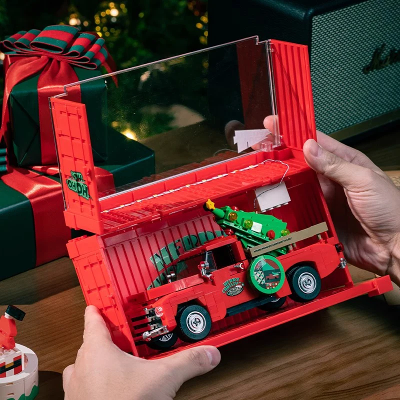 새로운 산타 클로스 레드 픽업 트럭 모델 PB8849 컨테이너 레이싱 차량 빌딩 블록 벽돌 어린이 MOC 장난감 크리스마스 선물 트리