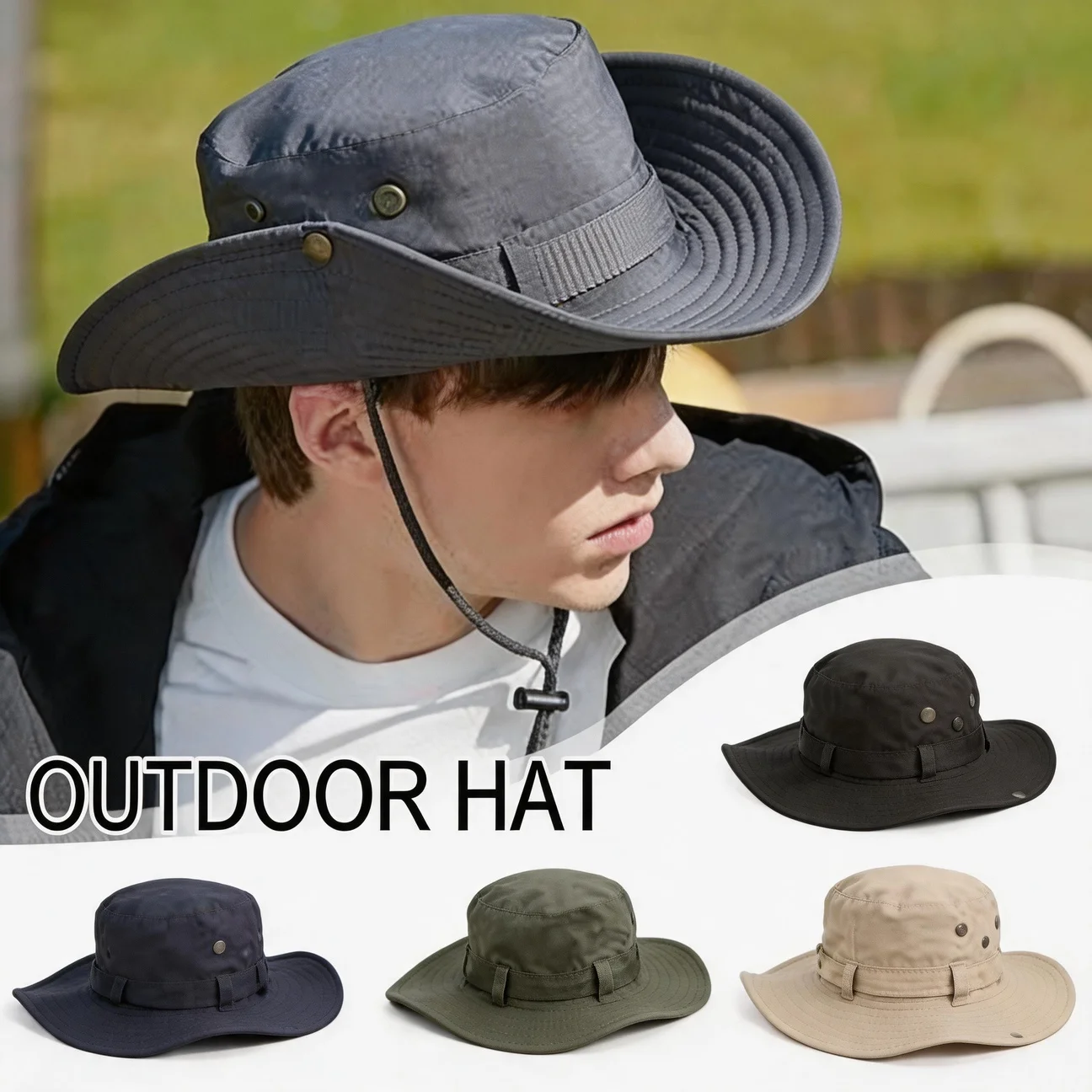 Sonnenhut mit breiter Krempe für Herren und Damen, Outdoor-Bergsteigerhut, Fischerhut, Campinghut mit Seil, Anti-Schnauzen-Hut für Outdoor-Wanderungen und Angeln