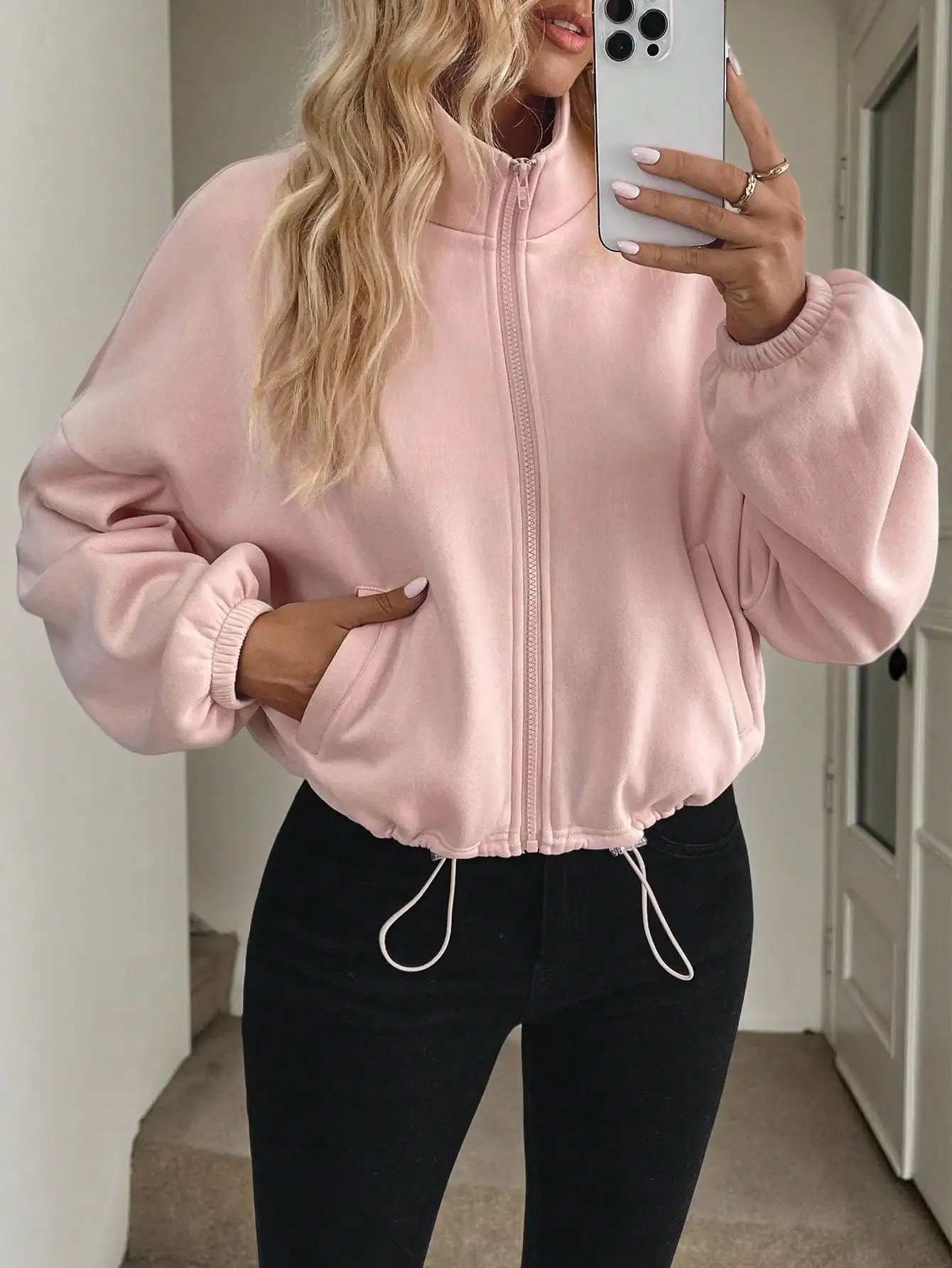 

Women's Pink Zip-Up Drawstring Sweatshirt Jacket with Lantern Sleeves, Casual Loose Fit