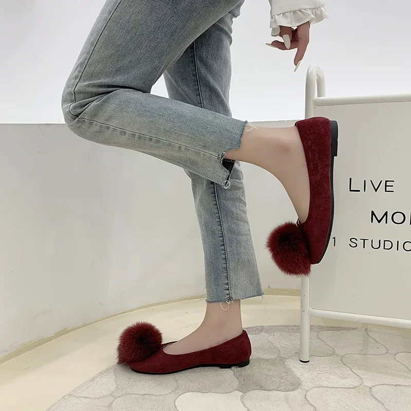 Furball single shoe woman 2024 Spring and Autumn Korean version square head suede women\'s flats big size casual shoes for women