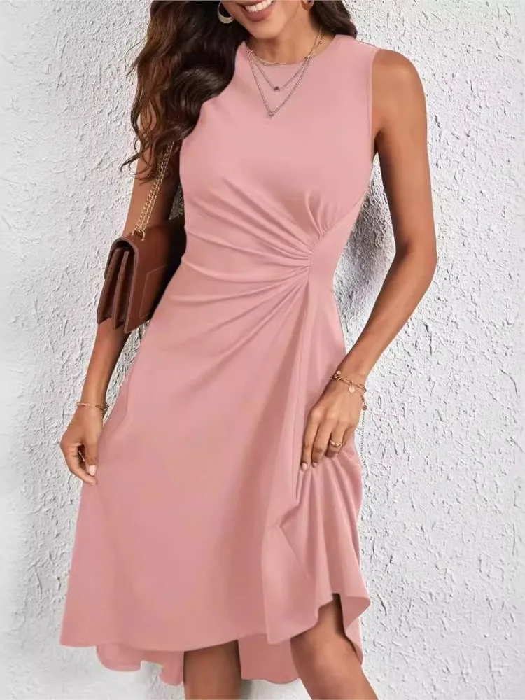 

Women's Elegant Summer Simple Casual Solid Colour Sleeveless Dress Fashionable And Elegant Round-neck A-shaped Wrinkled Dresses