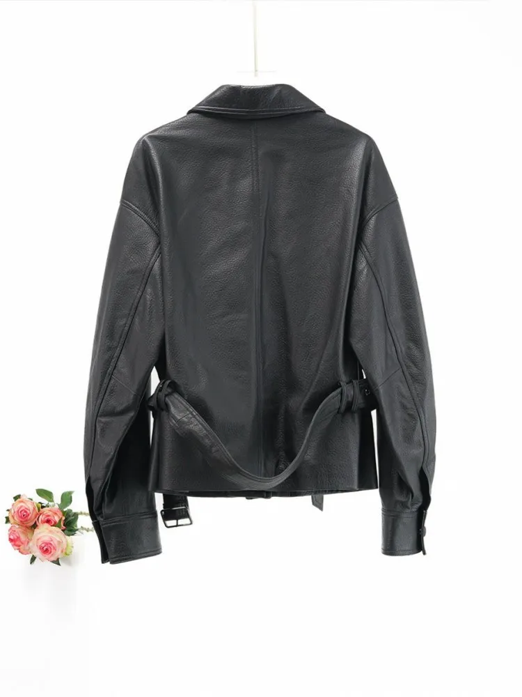 Fashion Women Lapel Collar Belt Single Breasted Long Sleeves Coat Casual Ladies Sheepskin Genuine Leather Jacket Outwear Coat