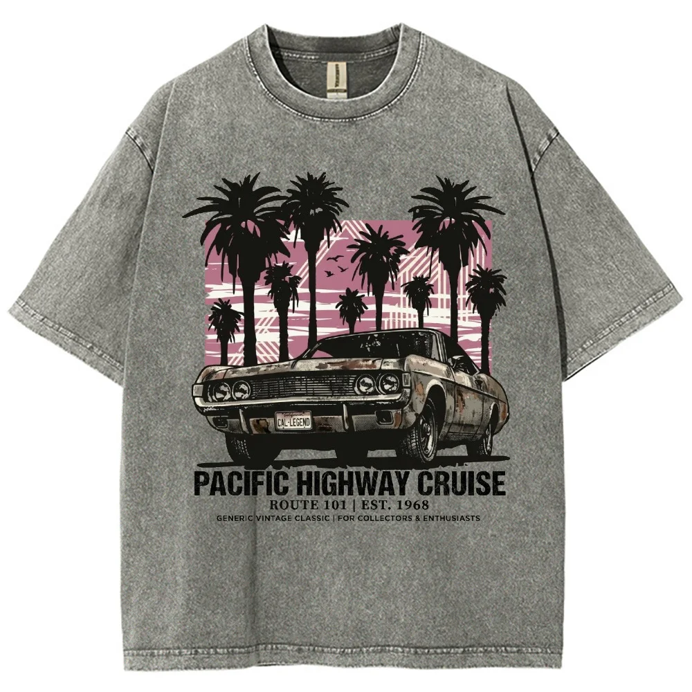 Vintage Car T Shirt Unisex Men Women Pacific Highway Cruise Graphic Tees California Retro Muscle Car Cotton Oversized Tops