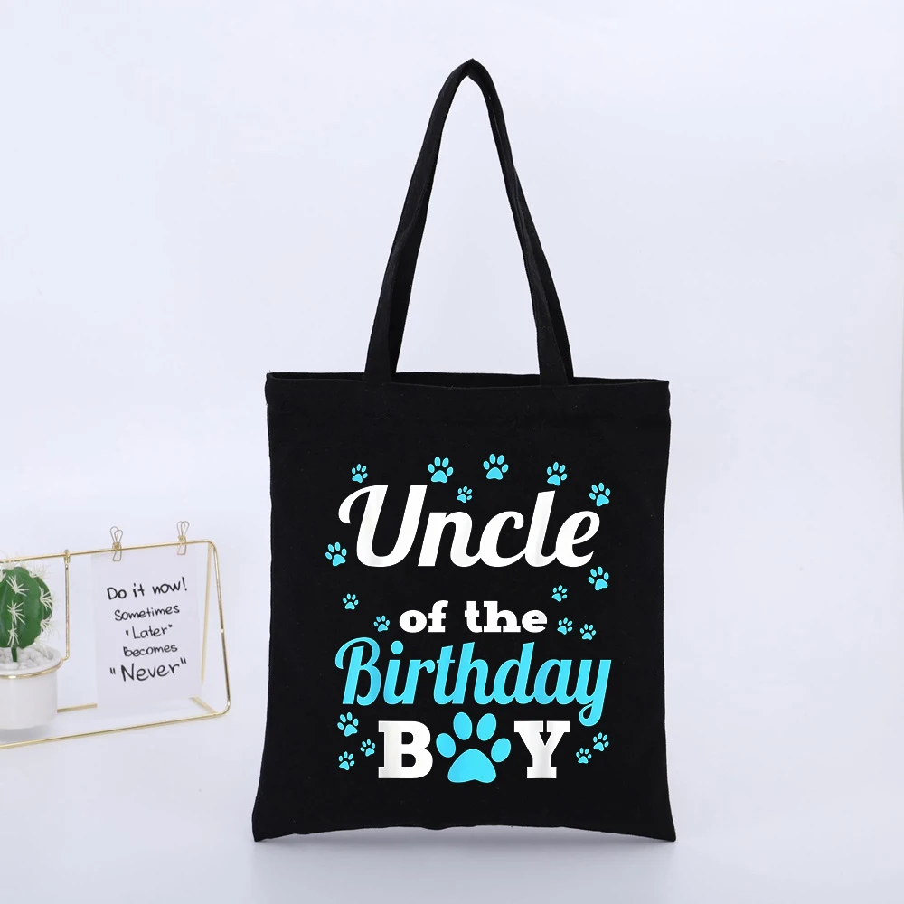 Uncle's Black Canvas Tote Bag with Paw Print and Letter Print, Casual Style for Birthday Celebrations